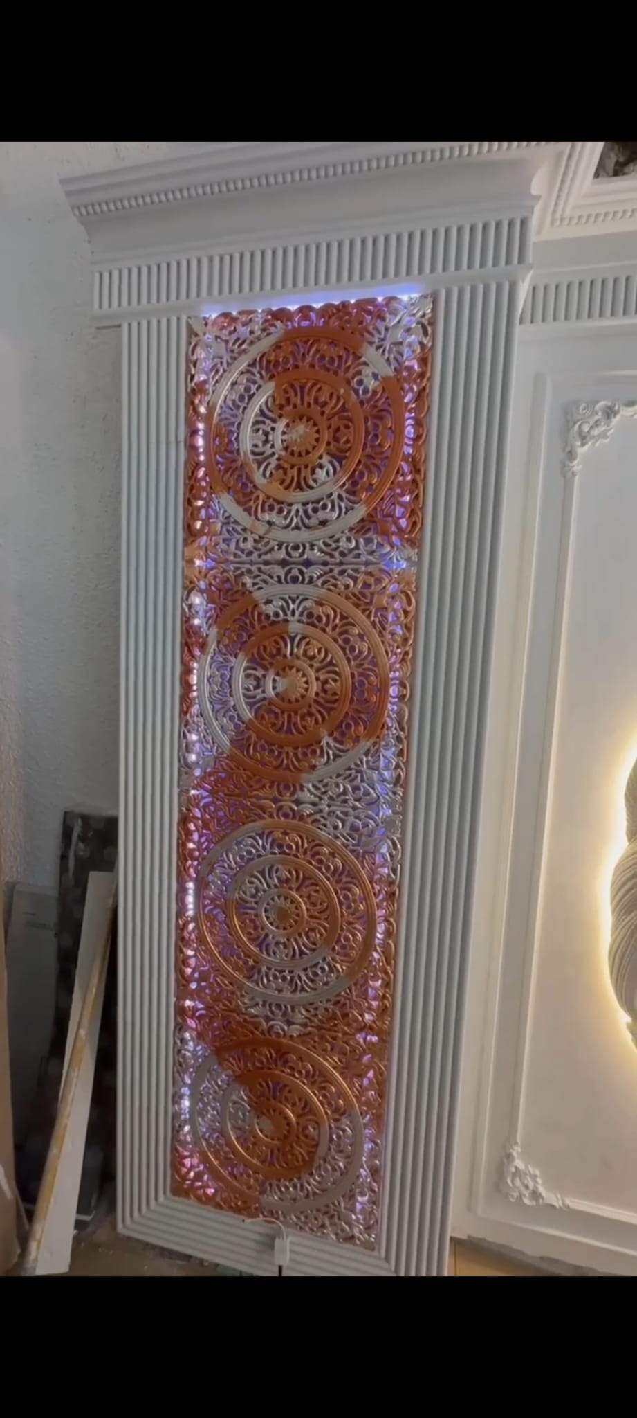 Decorative sculptural feather wall art with gold accent in luxury interior